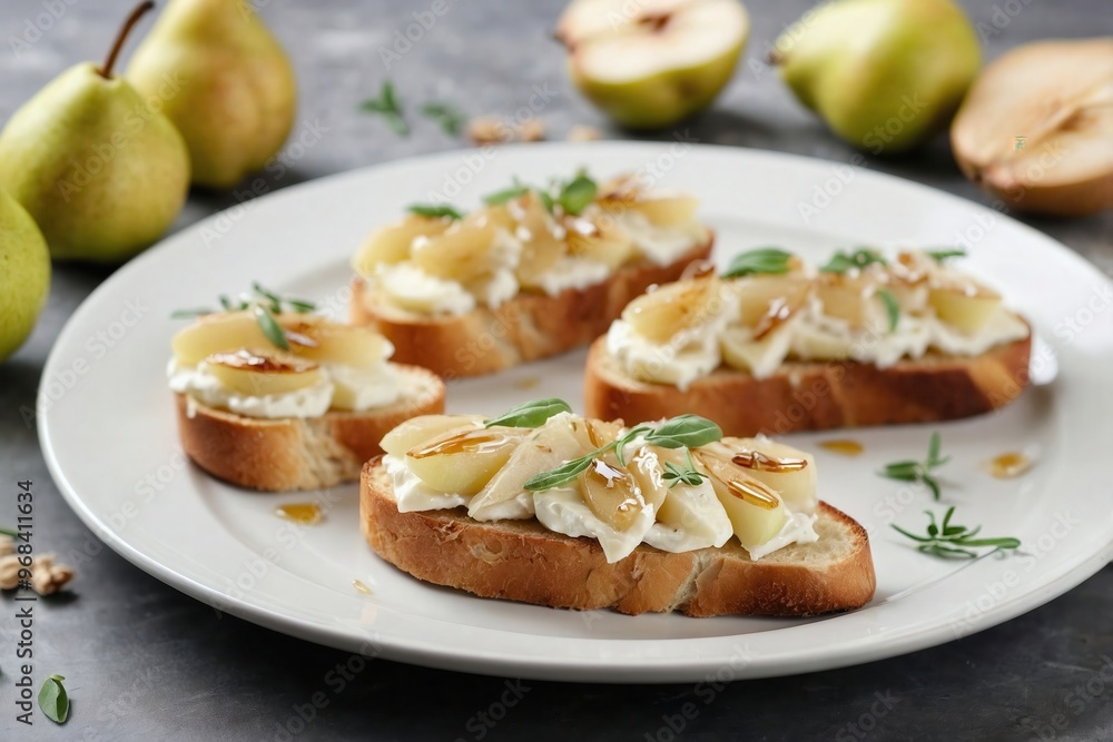 Pear and Brie Crostini: Overhead view of pear and brie crostini on a plain white plate, featuring toasted baguette slices topped with creamy brie, thin pear slices, and a drizzle of honey. Pear and Brie Crostini: Overhead view of pear and brie crostini on a plain white plate, featuring toasted baguette slices topped with creamy brie, thin pear slices, and a drizzle of honey.