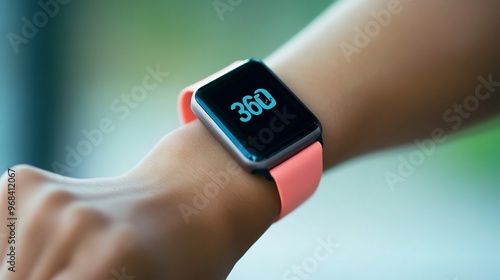 Close-up of a smartwatch on a person's wrist, the screen displaying the number 360.