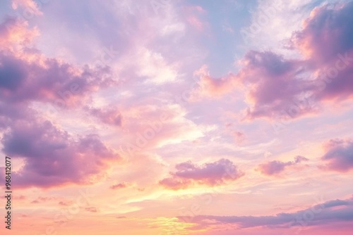 Fototapeta Naklejka Na Ścianę i Meble -  Soft pink clouds and yellow tones illuminate the morning sky at sunrise, creating a tranquil and beautiful natural canvas