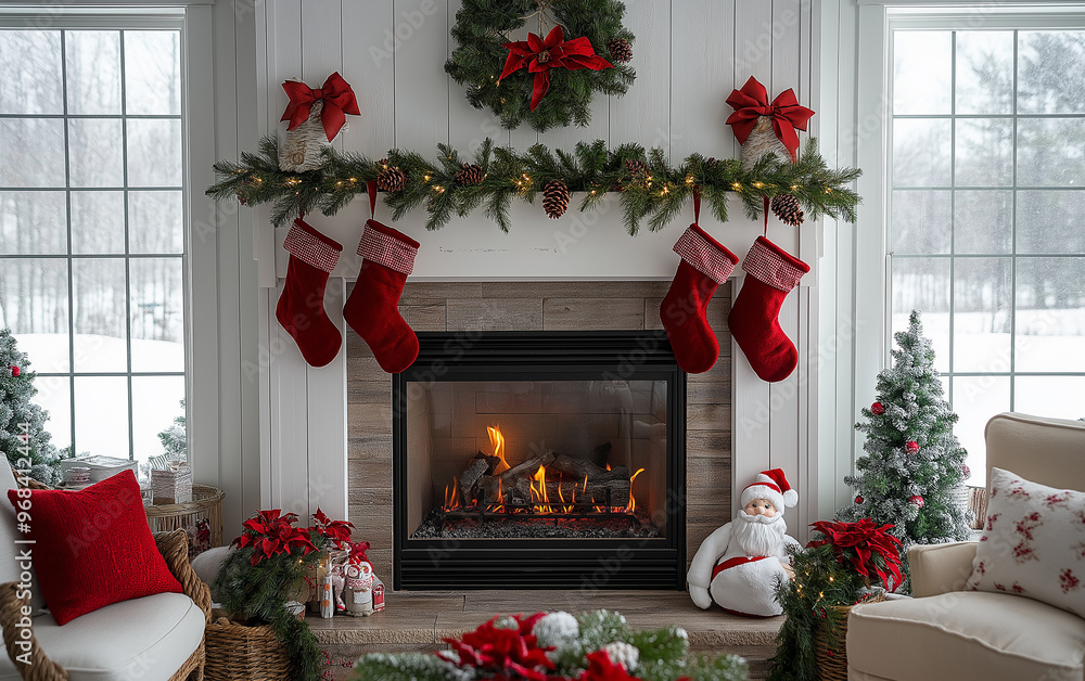 Naklejka premium Cozy christmas fireplace decorated with red stockings and garland