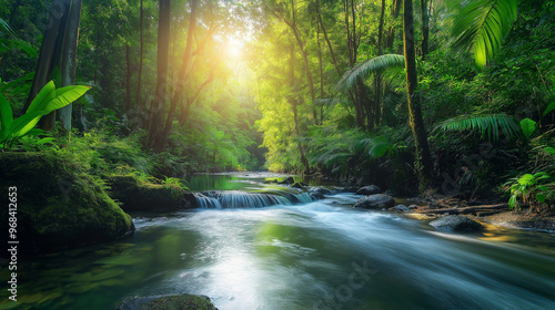 River flowing through green jungle in tropical rainforest at sunset