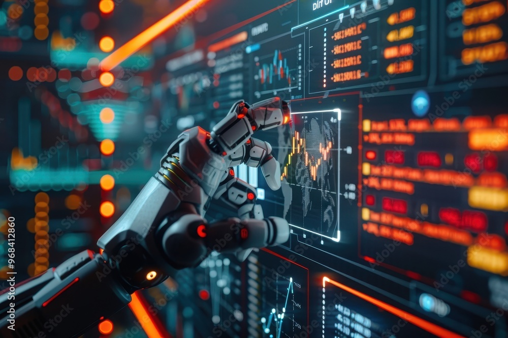 A robot is touching a computer screen with a red and orange background A robot is touching a computer screen with a red and orange background