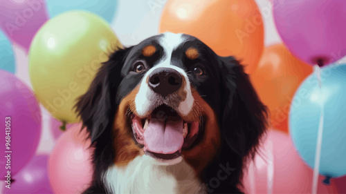 Portrait of happy Bernese mountain dog with colorful balloons on white background