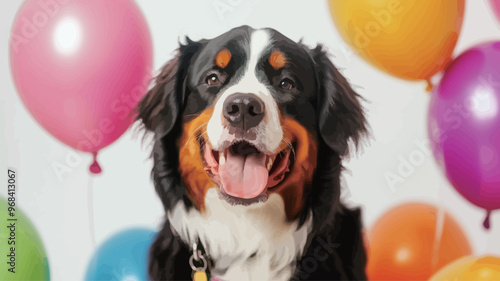 Portrait of a happy dog with colorful balloons on the background.