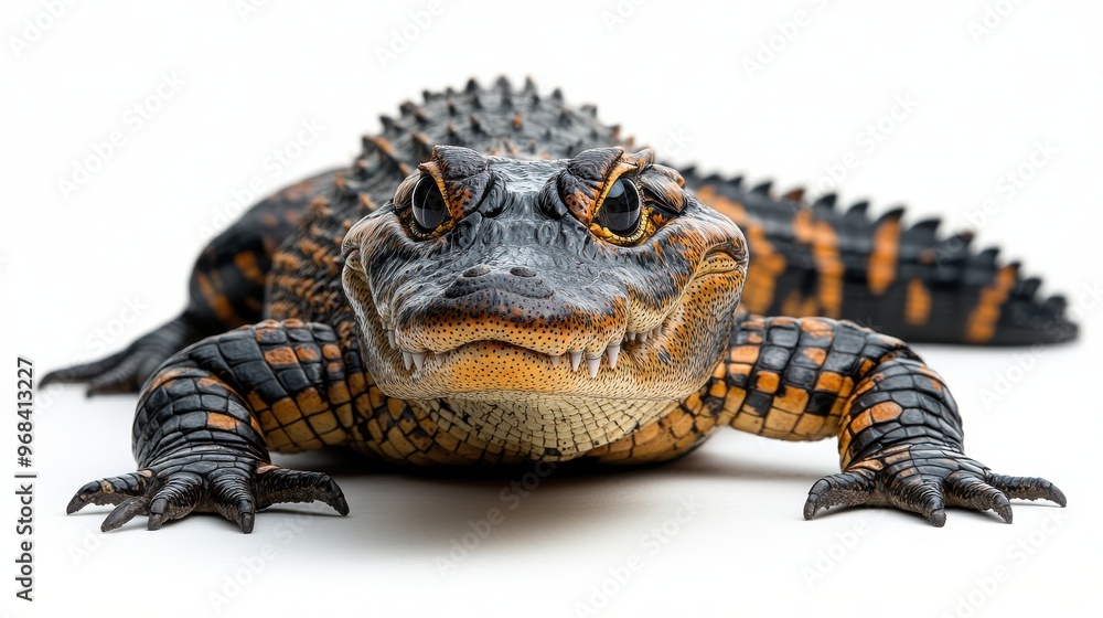 Full-body shot of a crocodile lying flat on a white background, sharp details