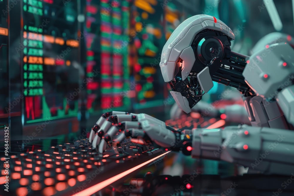 A robot is typing on a keyboard in front of a computer monitor A robot is typing on a keyboard in front of a computer monitor