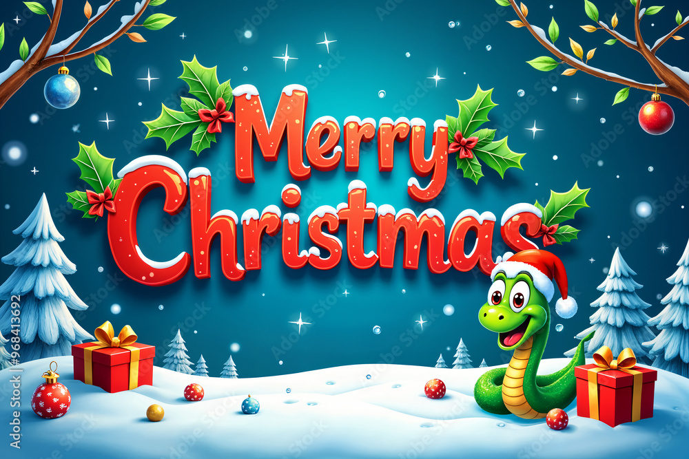 Fototapeta premium Festive Christmas scene with the words Merry Christmas prominently displayed, along with a cartoon snake and presents.