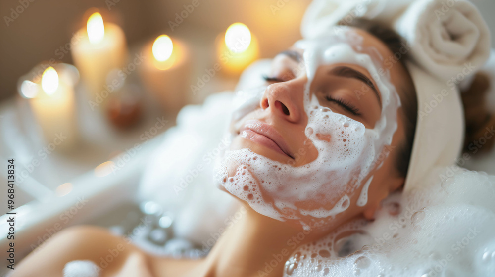 Woman Relaxing with a Face Mask in a Candlelit Bath Woman Relaxing with a Face Mask in a Candlelit Bath