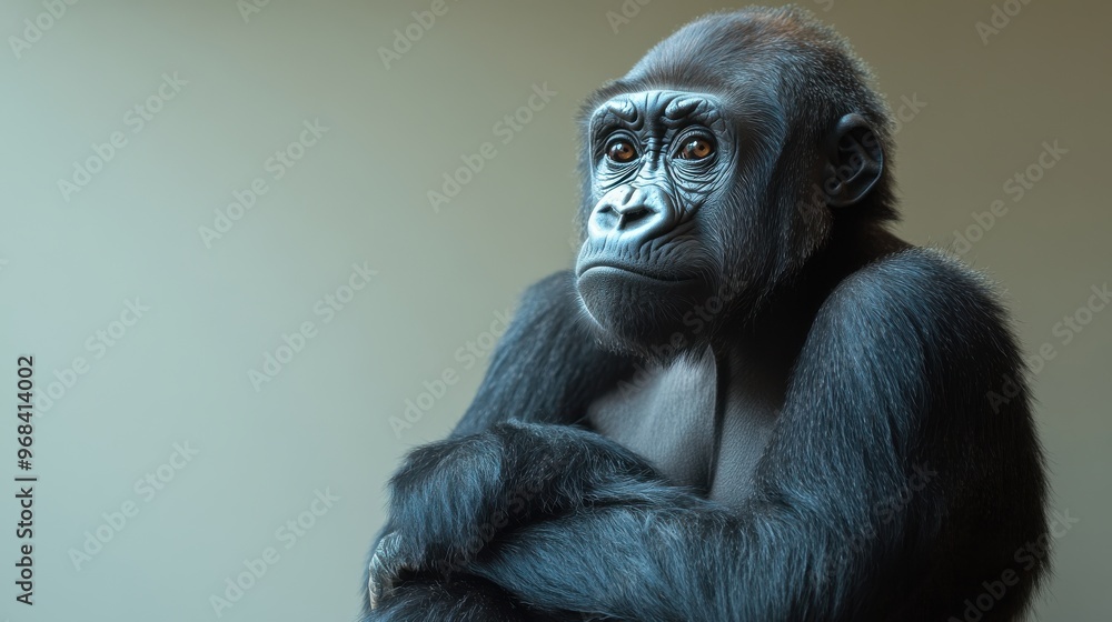 Fototapeta premium Gorilla sitting calmly on a white background, detailed fur texture