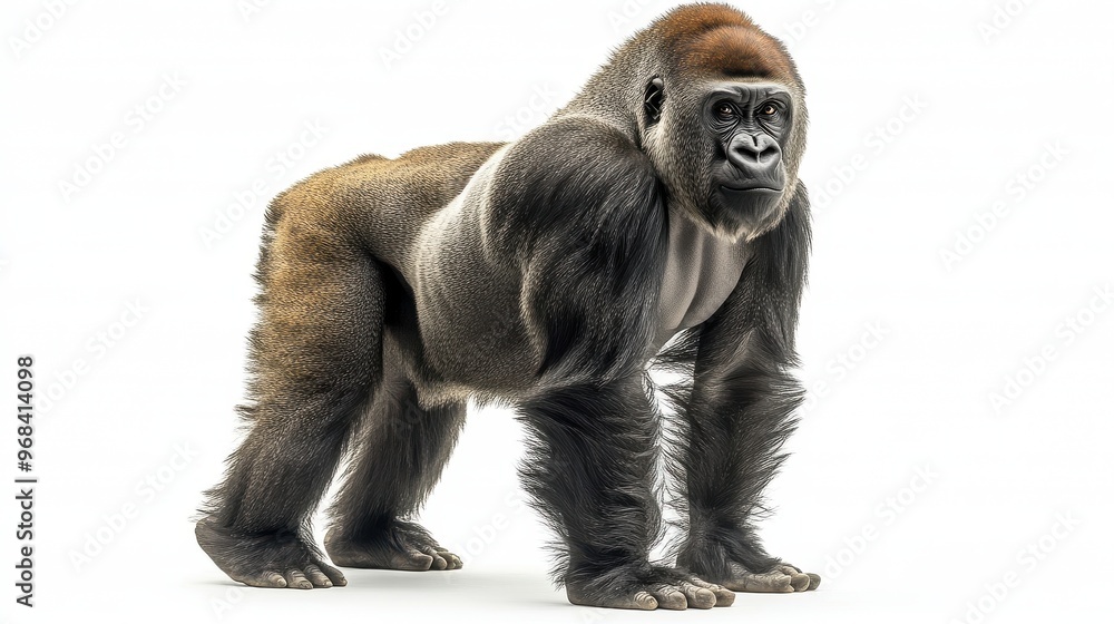 Gorilla standing upright on a white background, full-body shot Gorilla standing upright on a white background, full-body shot