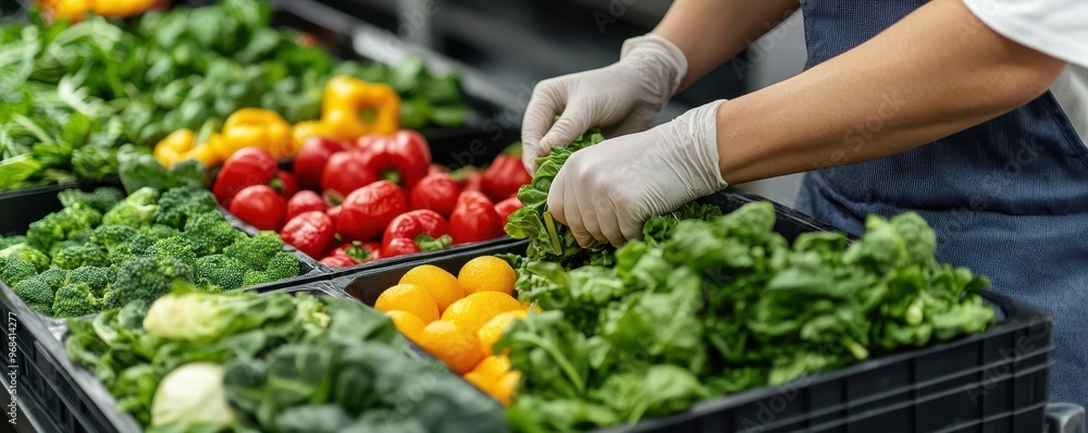 Employee inspecting freshly delivered produce for freshness and signs of contamination, demonstrating food safety practices in sourcing Employee inspecting freshly delivered produce for freshness and signs of contamination, demonstrating food safety practices in sourcing