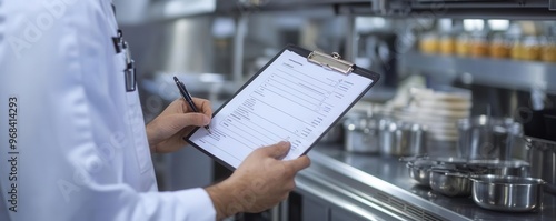 Hands holding a clipboard, inspecting a restaurant kitchen s hygiene checklist during a food safety audit, compliance focus