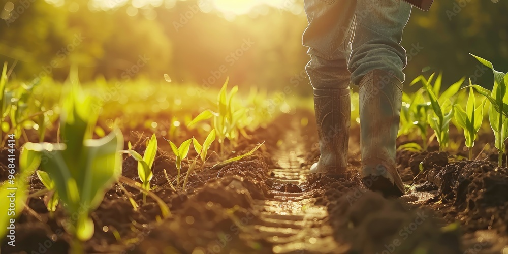 A farmer walking in rubber boots through a cornfield using a tablet for agricultural business tending to young corn sprouts in the field A senior man working in the summer cornfield A farmer walking in rubber boots through a cornfield using a tablet for agricultural business tending to young corn sprouts in the field A senior man working in the summer cornfield
