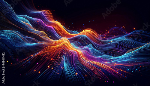 Wallpaper Mural Abstract digital illustration featuring flowing waves of vibrant colors orange blue and purple against a dark background. The waves are composed of small glowing particles Torontodigital.ca