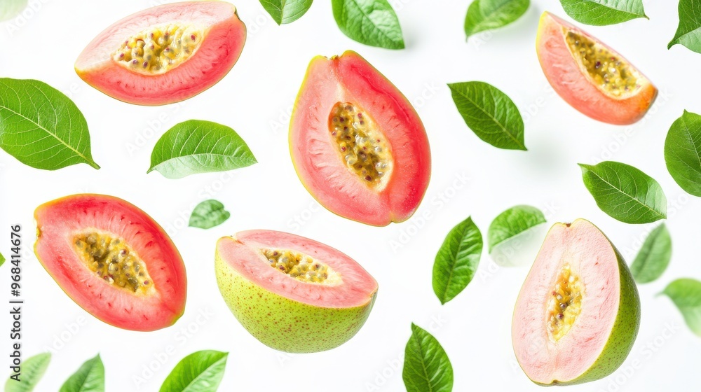 Guava with half slices falling or floating in the air with green leaves isolated on a white background. Guava with half slices falling or floating in the air with green leaves isolated on a white background.