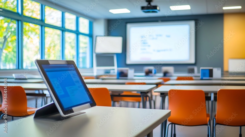 Empty classroom with a tablet on a desk in front of a projector screen and a window. Empty classroom with a tablet on a desk in front of a projector screen and a window.