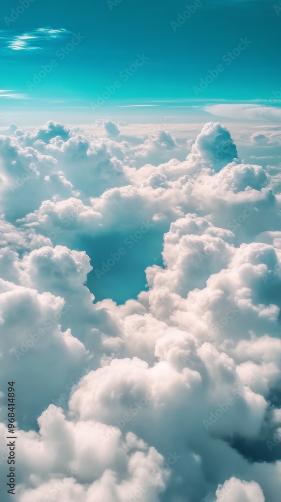 Fluffy white clouds in vibrant blue sky, aerial view. Peaceful natural landscape concept Fluffy white clouds in vibrant blue sky, aerial view. Peaceful natural landscape concept