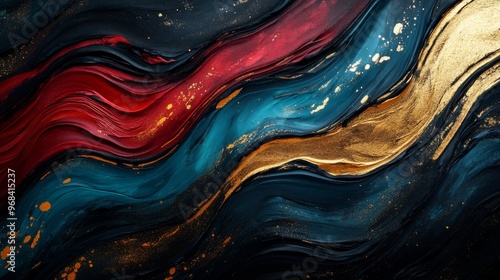 Abstract Painting with Red, Blue, Gold, and Black Swirls photo