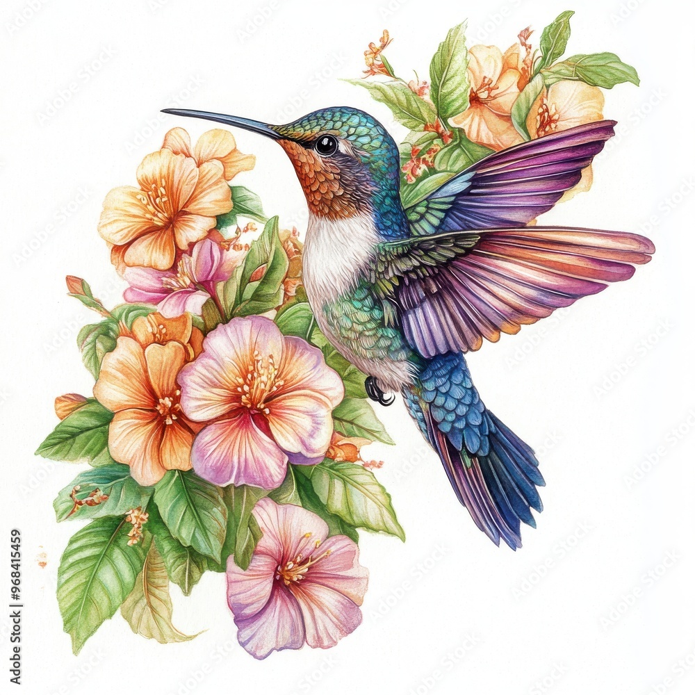 Fototapeta premium Hummingbird with flowers, on white background