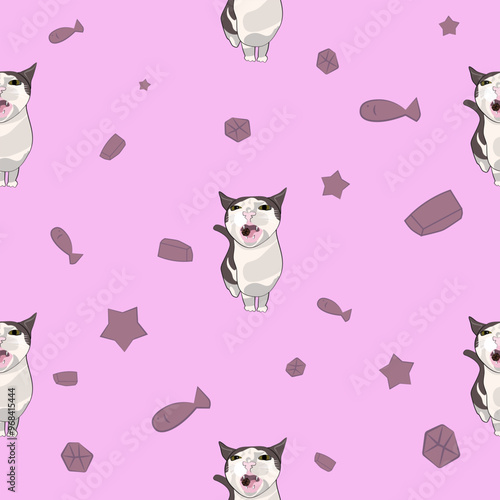 A pattern (infinite picture) of a cat meme - a cat crunching or eating dry food. The illustration is made in pastel colours. The picture conveys a joke, humour, meme, pleasure.