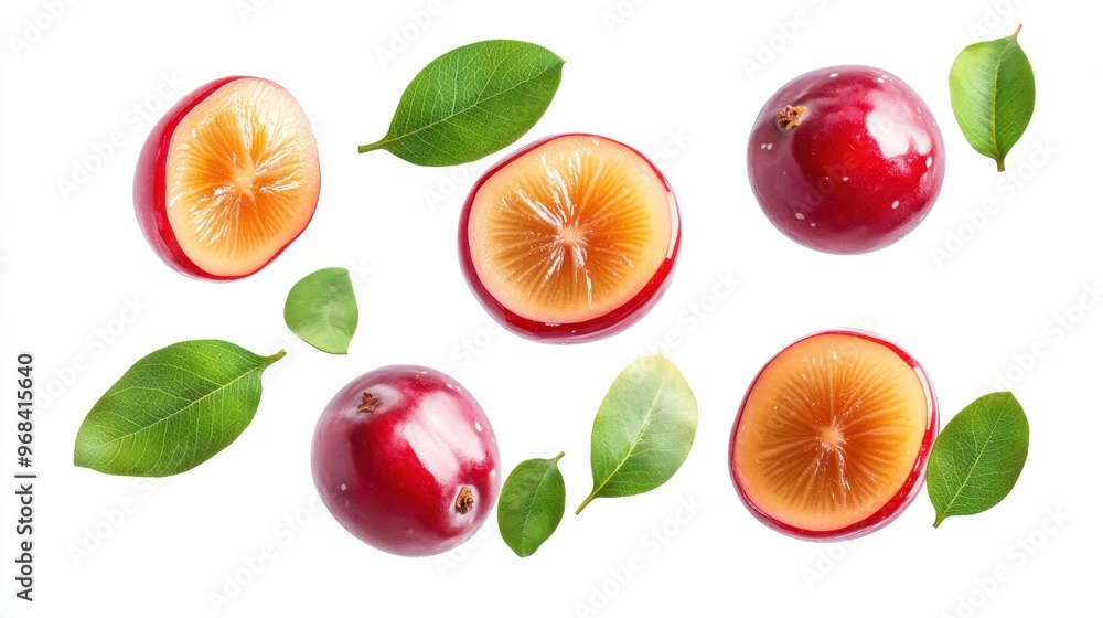 Naklejka premium Jujube with half slices falling or floating in the air with green leaves isolated on a white background.