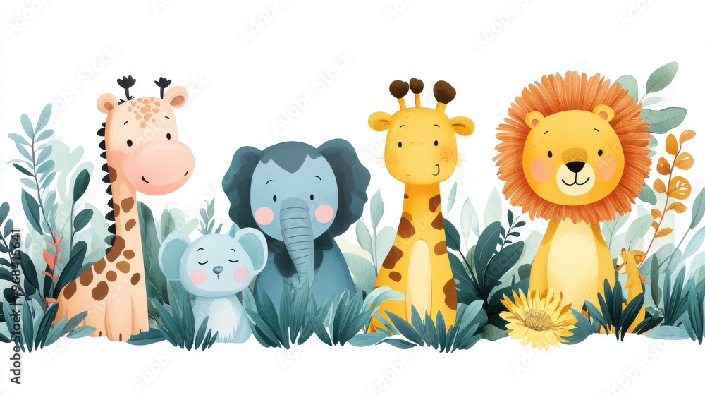 Naklejka premium Jungle Animals on White Background