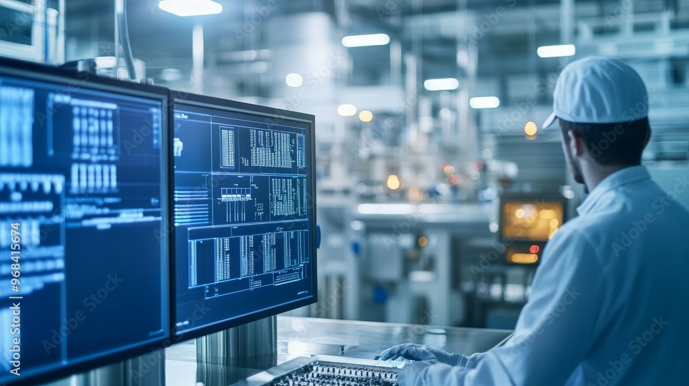 A technician monitors industrial processes on computer screens in a modern facility. A technician monitors industrial processes on computer screens in a modern facility.