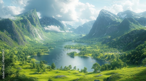 Serene landscape featuring mountains, a lake, and lush greenery.