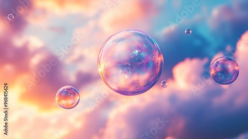 Colorful soap bubbles in sunset sky, dreamy