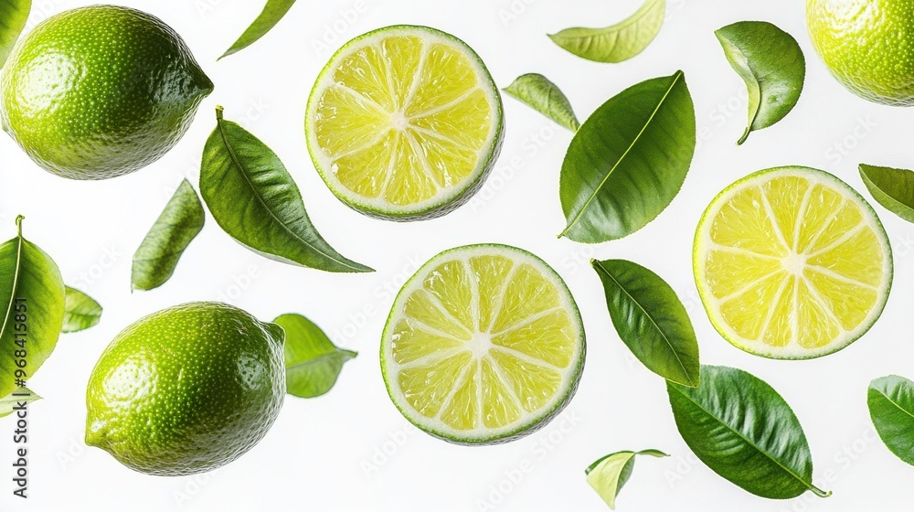 Lime with half slices falling or floating in the air with green leaves isolated on a white background. Lime with half slices falling or floating in the air with green leaves isolated on a white background.