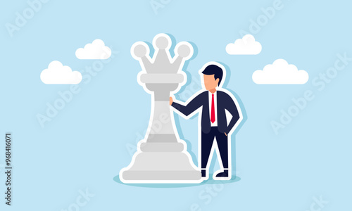 A businessman holding onto a king chess piece, illustration of Someone who feels secure due to connections with a boss or a powerful superior