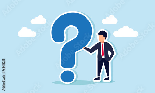 A businessman holding onto a large question mark, illustration of Someone still uncertain, facing major questions about business or work issues and how to resolve them