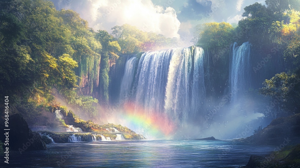 Fototapeta premium A Rainbow Arcs Over a Majestic Waterfall in a Lush Jungle