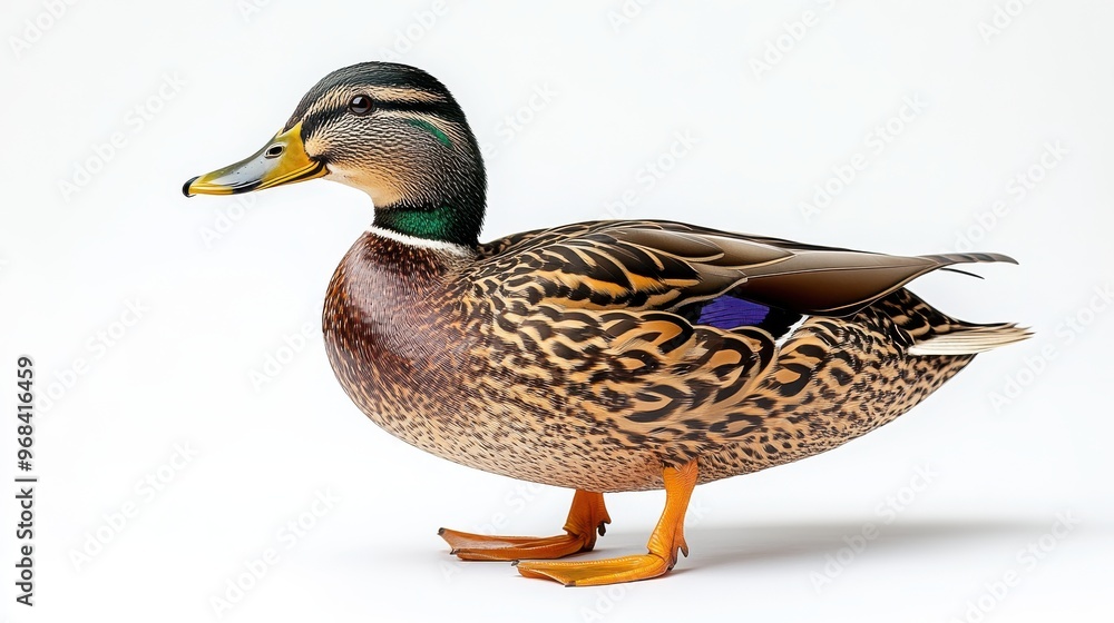 Mallard duck in a natural setting with emphasis on its distinctive colors on a white background Mallard duck in a natural setting with emphasis on its distinctive colors on a white background