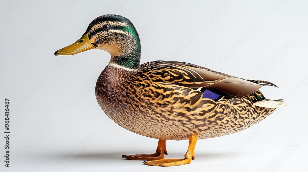 Mallard duck in a natural setting with emphasis on its distinctive colors on a white background Mallard duck in a natural setting with emphasis on its distinctive colors on a white background