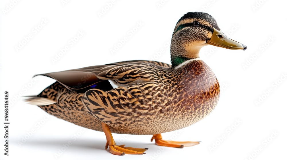Mallard duck in a natural setting with emphasis on its distinctive colors on a white background Mallard duck in a natural setting with emphasis on its distinctive colors on a white background