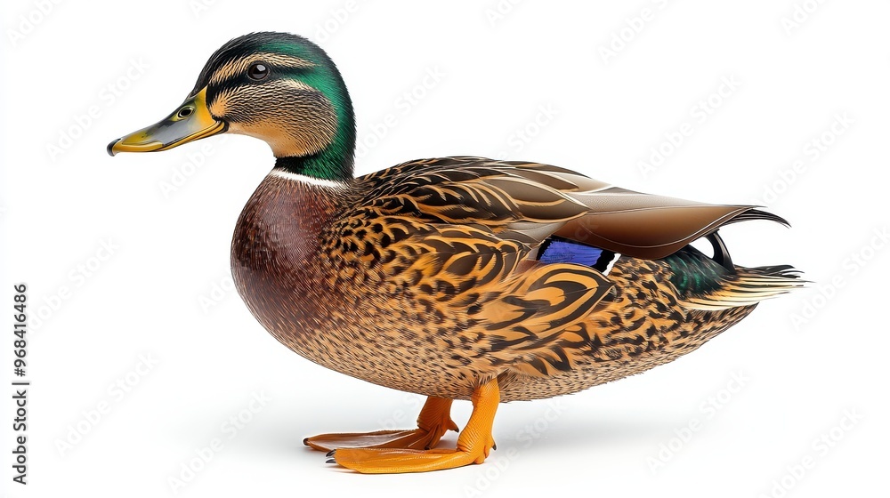 Obraz premium Mallard duck standing gracefully with its colorful feathers highlighted on a white background