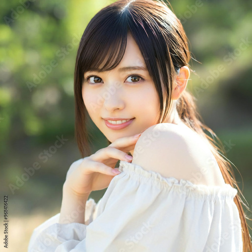 A Japanese woman in her 20s, a shy smile, everyone's idol