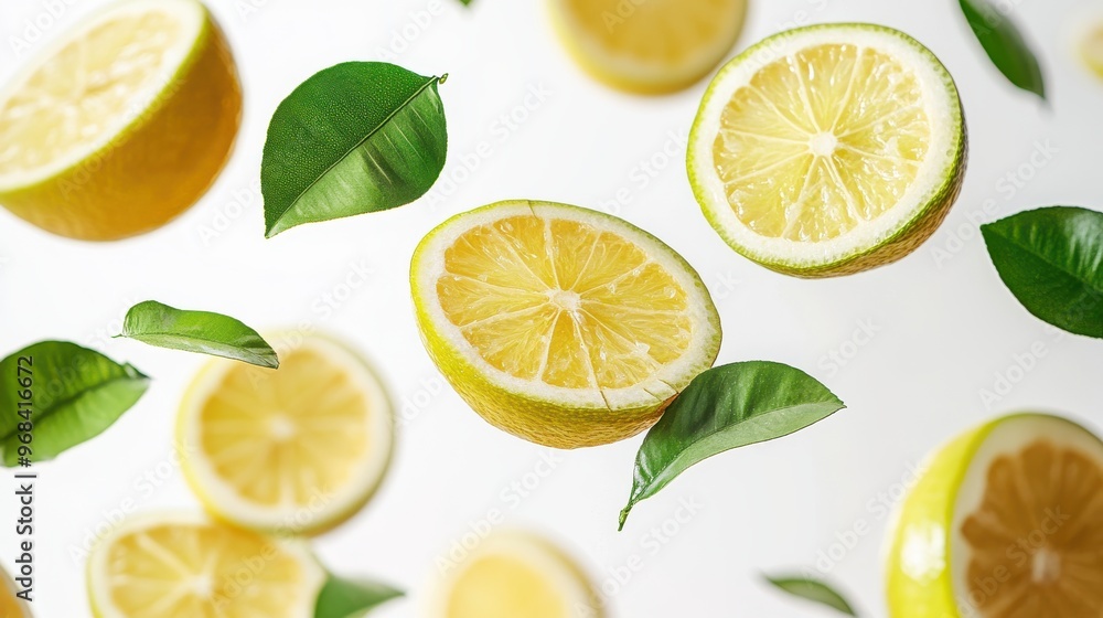 Fototapeta premium Mamoncillo (Spanish Lime) with half slices falling or floating in the air with green leaves isolated on a white background.
