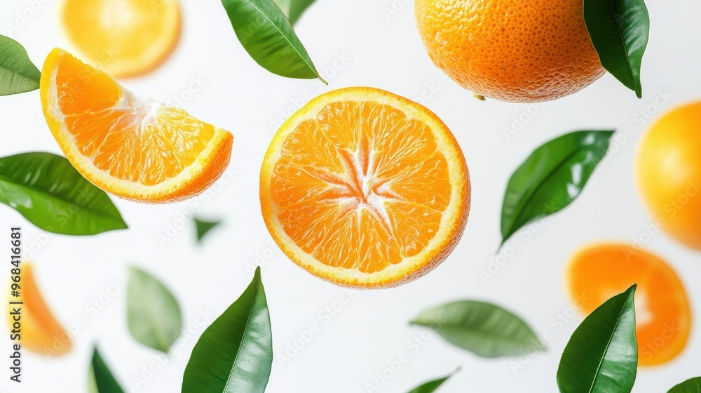Mandarin with half slices falling or floating in the air with green leaves isolated on a white background. Mandarin with half slices falling or floating in the air with green leaves isolated on a white background.