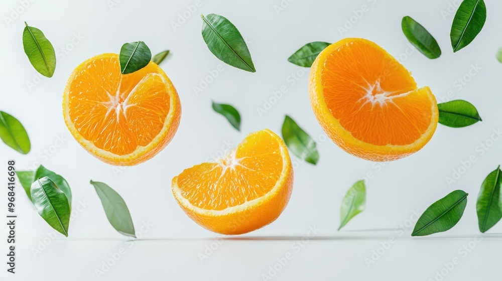 Mandarin with half slices falling or floating in the air with green leaves isolated on a white background. Mandarin with half slices falling or floating in the air with green leaves isolated on a white background.
