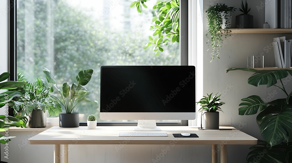 A minimalist home office setup with a wooden desk, desktop computer, and a variety of indoor plants, illuminated by natural light from a large window. A minimalist home office setup with a wooden desk, desktop computer, and a variety of indoor plants, illuminated by natural light from a large window.