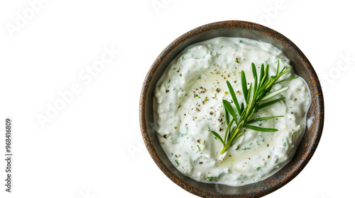 Tzatziki sauce in a wooden bowl on transparent background