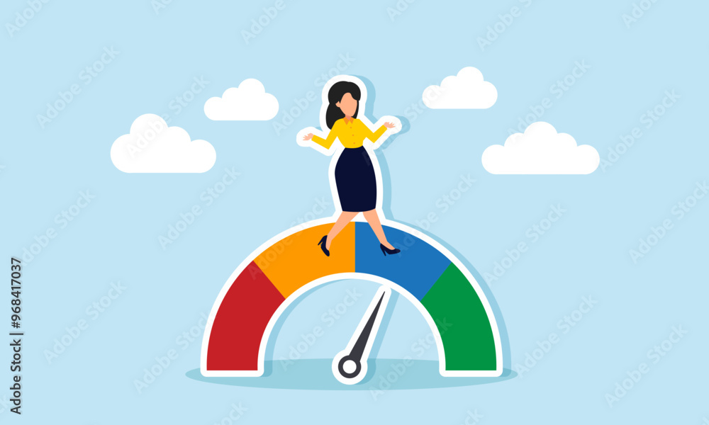 A businesswoman relaxing on a speedometer with the needle in the good range, illustration of Owner satisfaction with the company's strong performance in finance, management, and operations A businesswoman relaxing on a speedometer with the needle in the good range, illustration of Owner satisfaction with the company's strong performance in finance, management, and operations