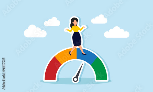 A businesswoman relaxing on a speedometer with the needle in the good range, illustration of Owner satisfaction with the company's strong performance in finance, management, and operations