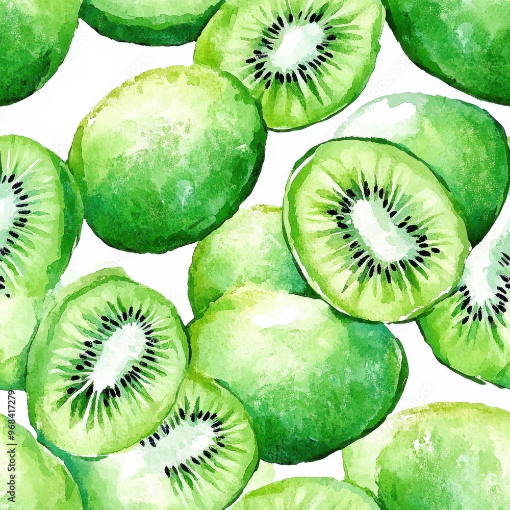 A vibrant illustration of sliced kiwifruit showcasing its green flesh and black seeds. A vibrant illustration of sliced kiwifruit showcasing its green flesh and black seeds.