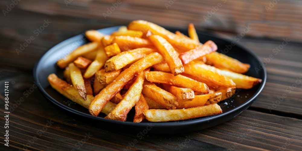 Appetizing French fries served on a black plate Delicious fried potatoes on the table Appetizing French fries served on a black plate Delicious fried potatoes on the table
