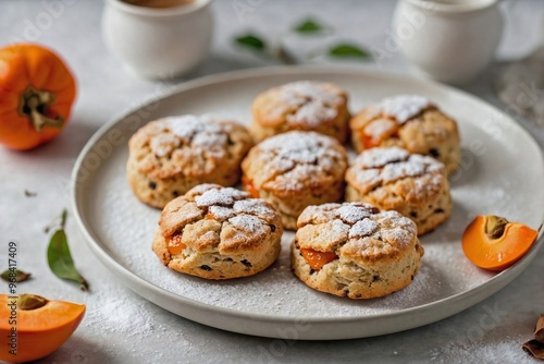 Persimmon Scones: Overhead view of neatly arranged persimmon scones on a plain white platter, with a light dusting of powdered sugar