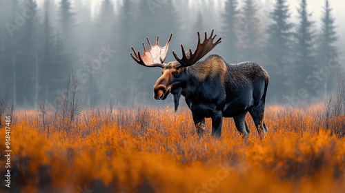 Moose in an Alaskan forest on a white background, surrounded by tall trees