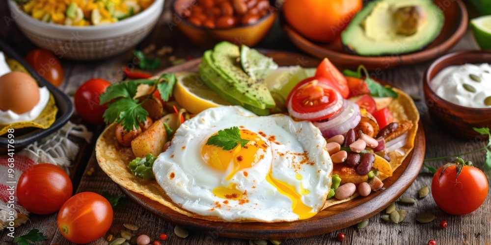 Breakfast with poached eggs on a crispy tortilla, accompanied by creamy avocado, sour cream, fried beans, potatoes, and vegetables for a delightful morning meal. Breakfast with poached eggs on a crispy tortilla, accompanied by creamy avocado, sour cream, fried beans, potatoes, and vegetables for a delightful morning meal.